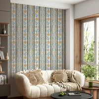 Delicate blush and blue leaf pattern wallpaper design

