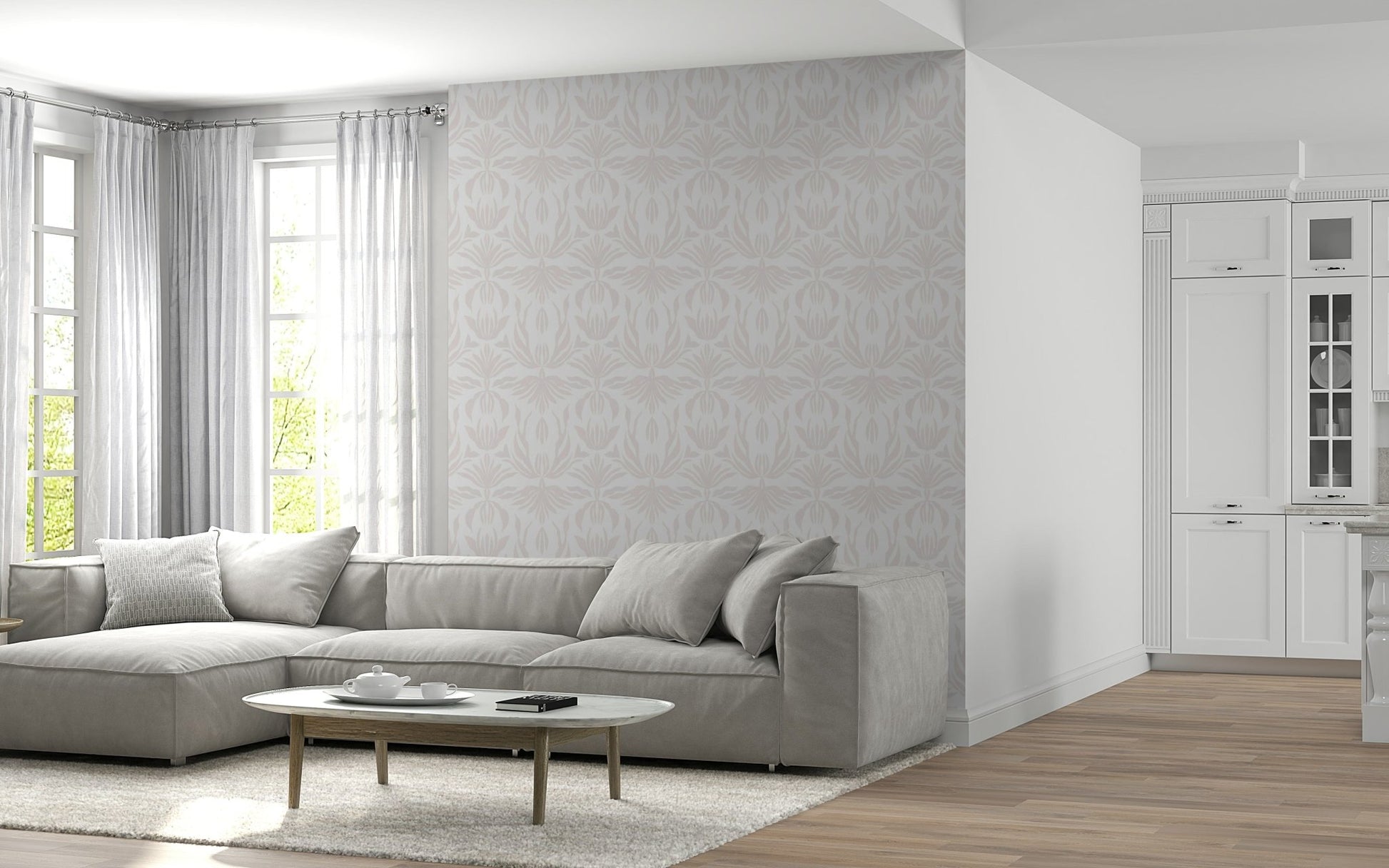 Blush Botanical Echo wall mural with gentle floral and leaf motifs for home decor.