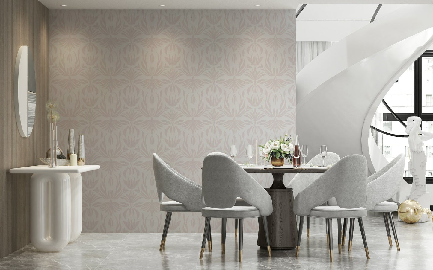 Soft blush wallpaper with repeating botanical patterns for a sophisticated look.