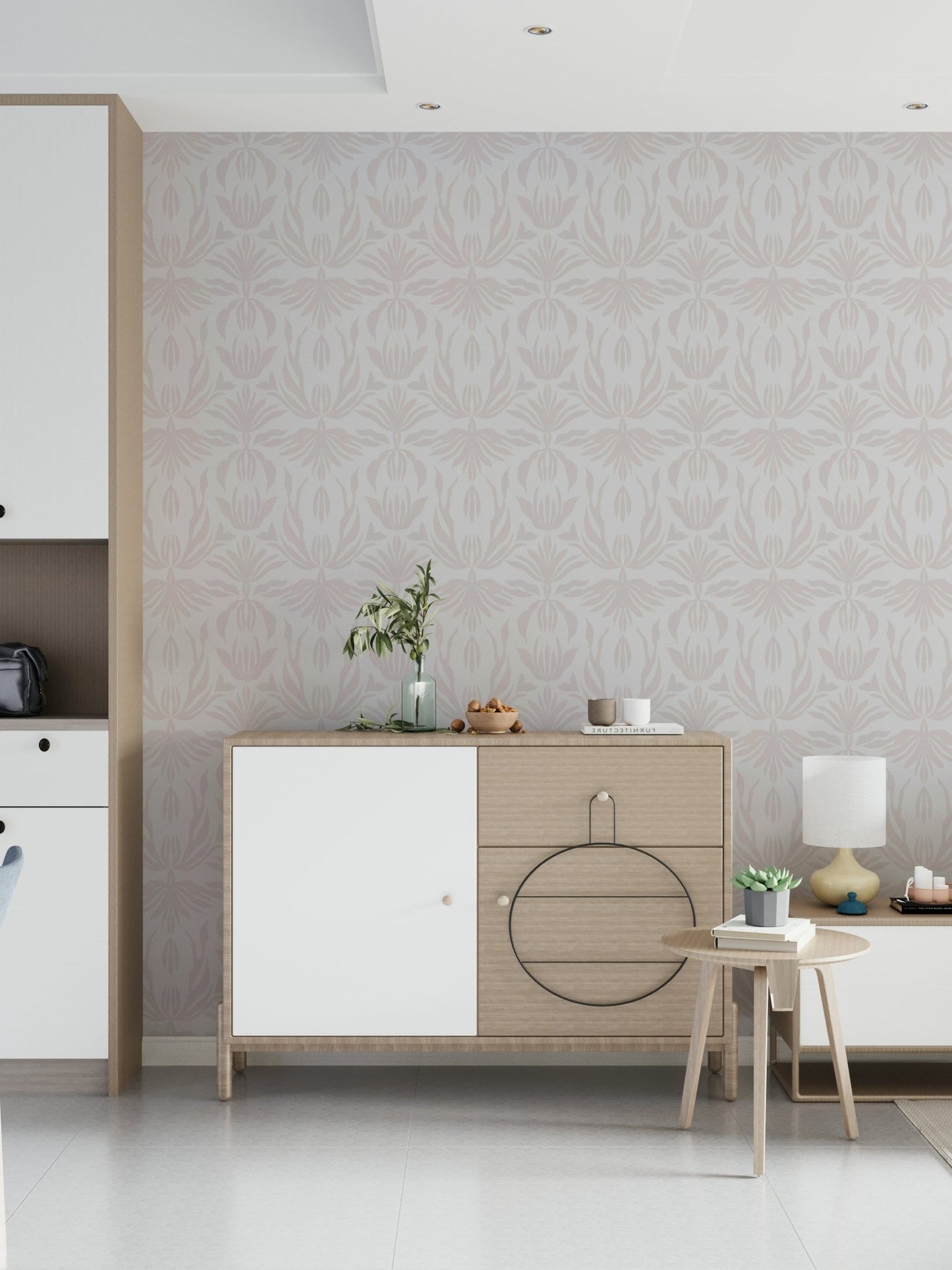 Subtle blush botanical wallpaper perfect for bedrooms, living rooms, or offices.