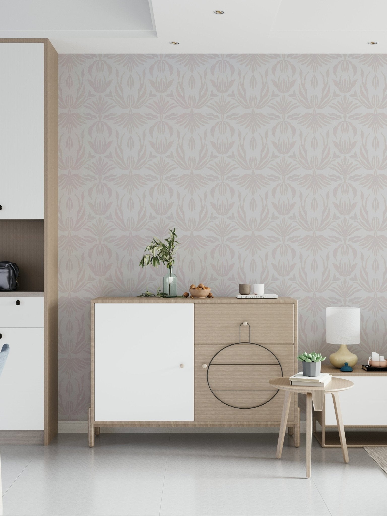 Subtle blush botanical wallpaper perfect for bedrooms, living rooms, or offices.