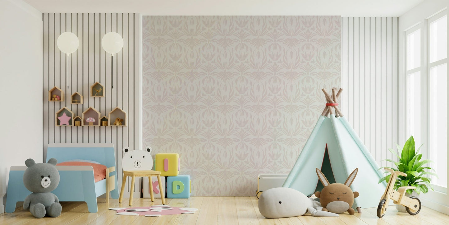 Delicate blush floral wallpaper with echoing botanical patterns for refined interiors.