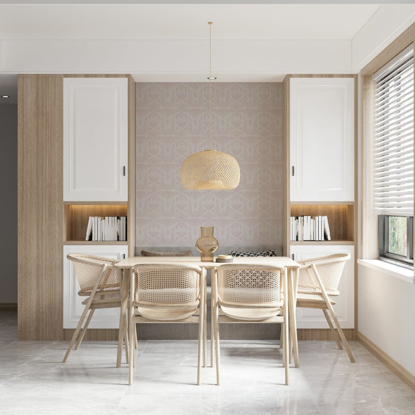 Elegant blush floral wallpaper featuring subtle botanical echoes for serene interiors.