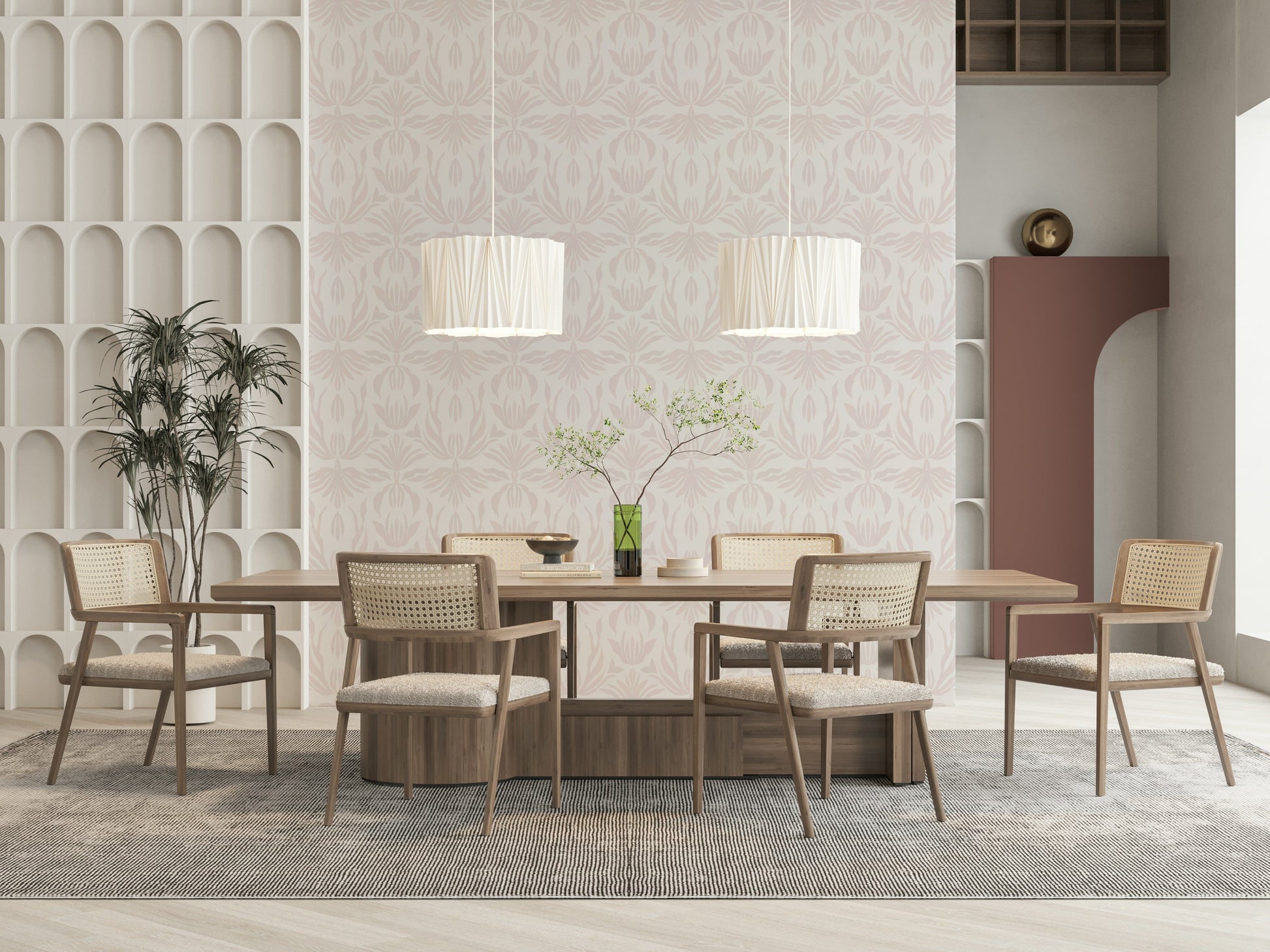 Botanical-inspired wallpaper in blush hues creating a calm, stylish wall design.