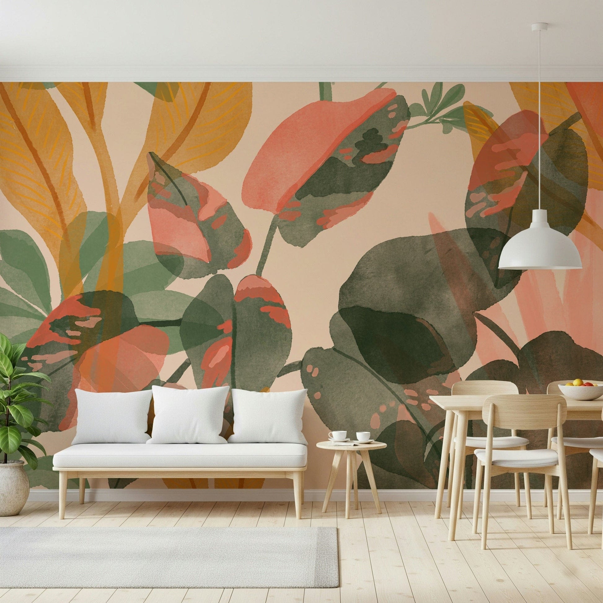 A calming floral design wallpaper mural that defines a space.
