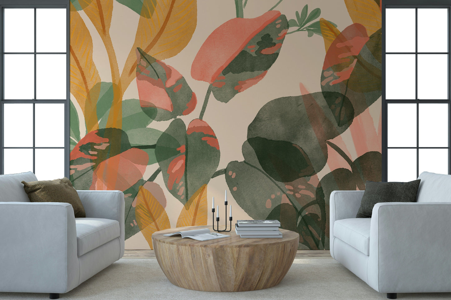 A beautiful subtle floral wallpaper mural in blush pink and white.