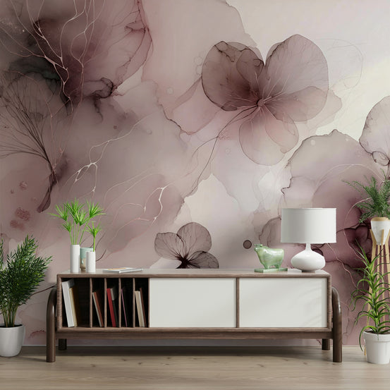 Blush Botanical Whispers wallpaper mural with mauve ink flowers behind a wood and white console in a living room
