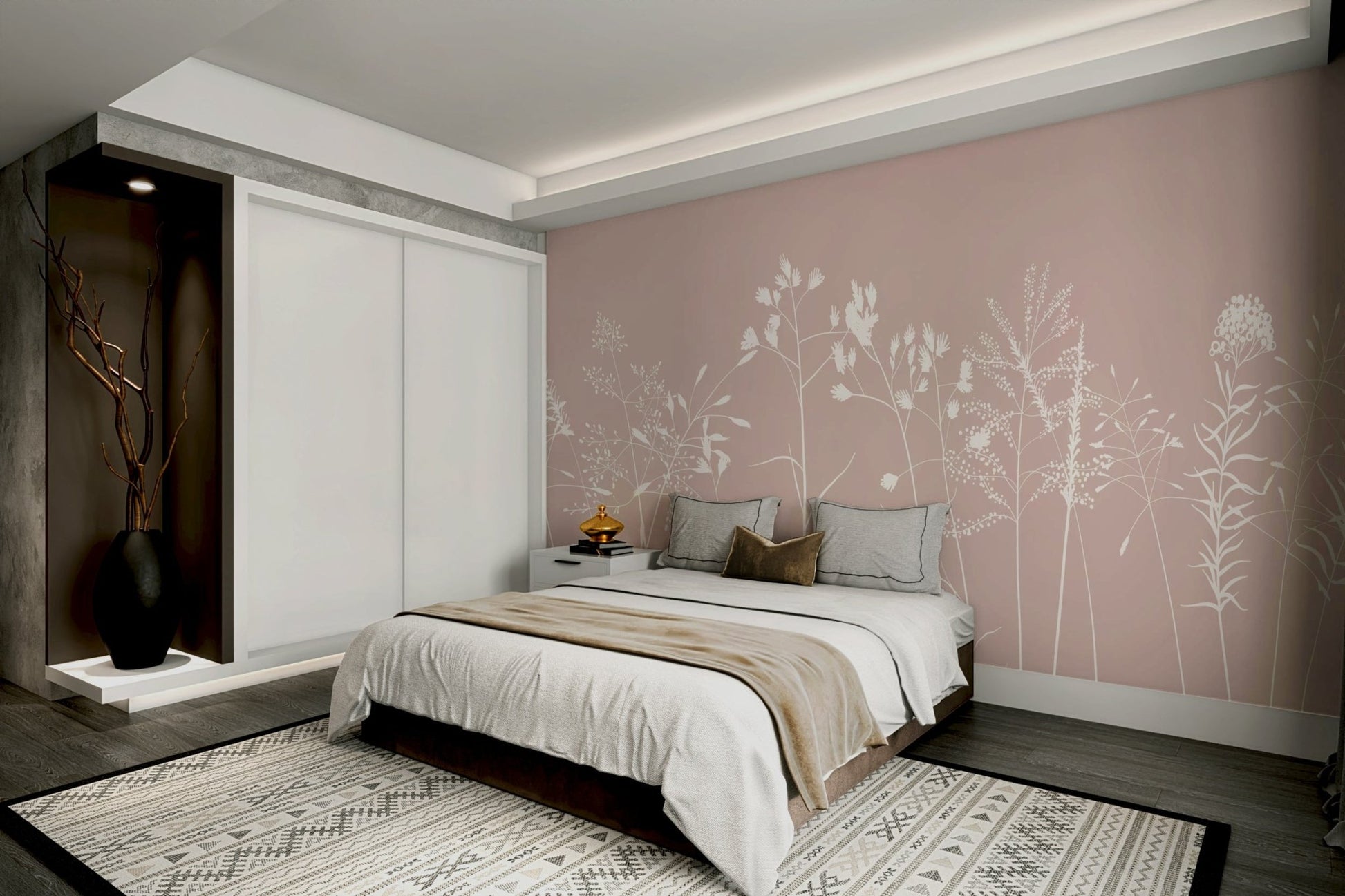 A wall mural of a peaceful botanical pattern.

