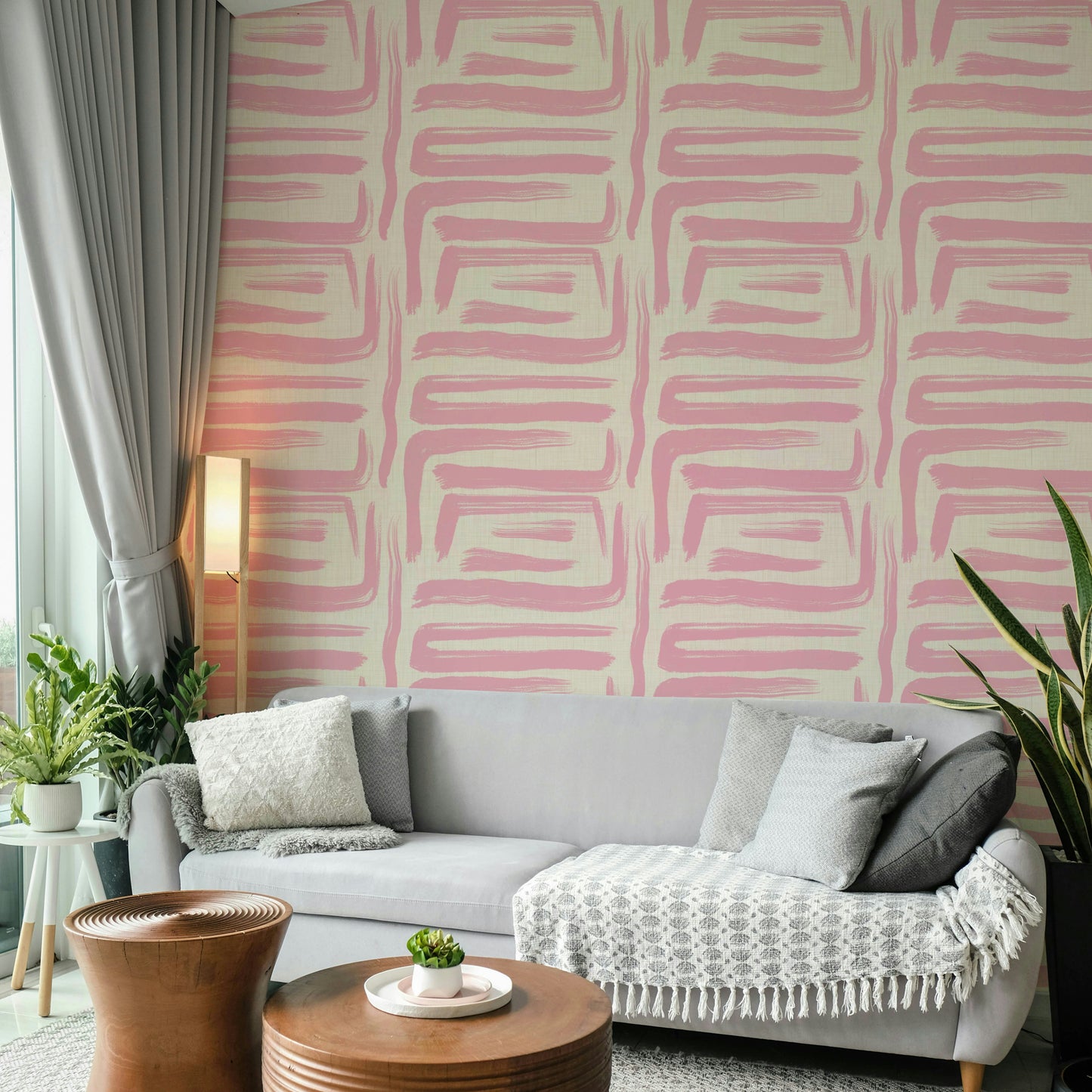 Blush brushstroke design wallpaper in living room


