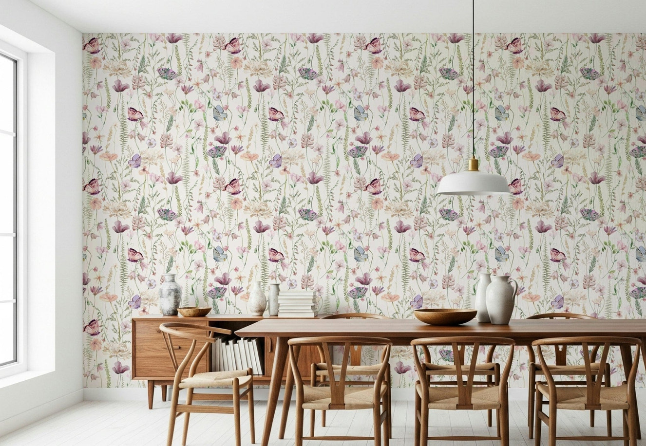 Blush Butterfly Meadow soft pink floral wallpaper for walls print.