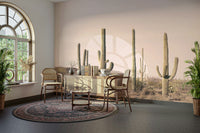 Soft cactus field wallpaper in muted pink tones

