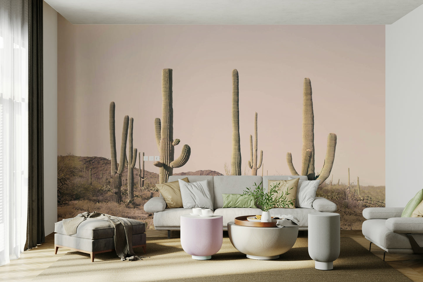 Bedroom with Blush Cactus Field wall mural design

