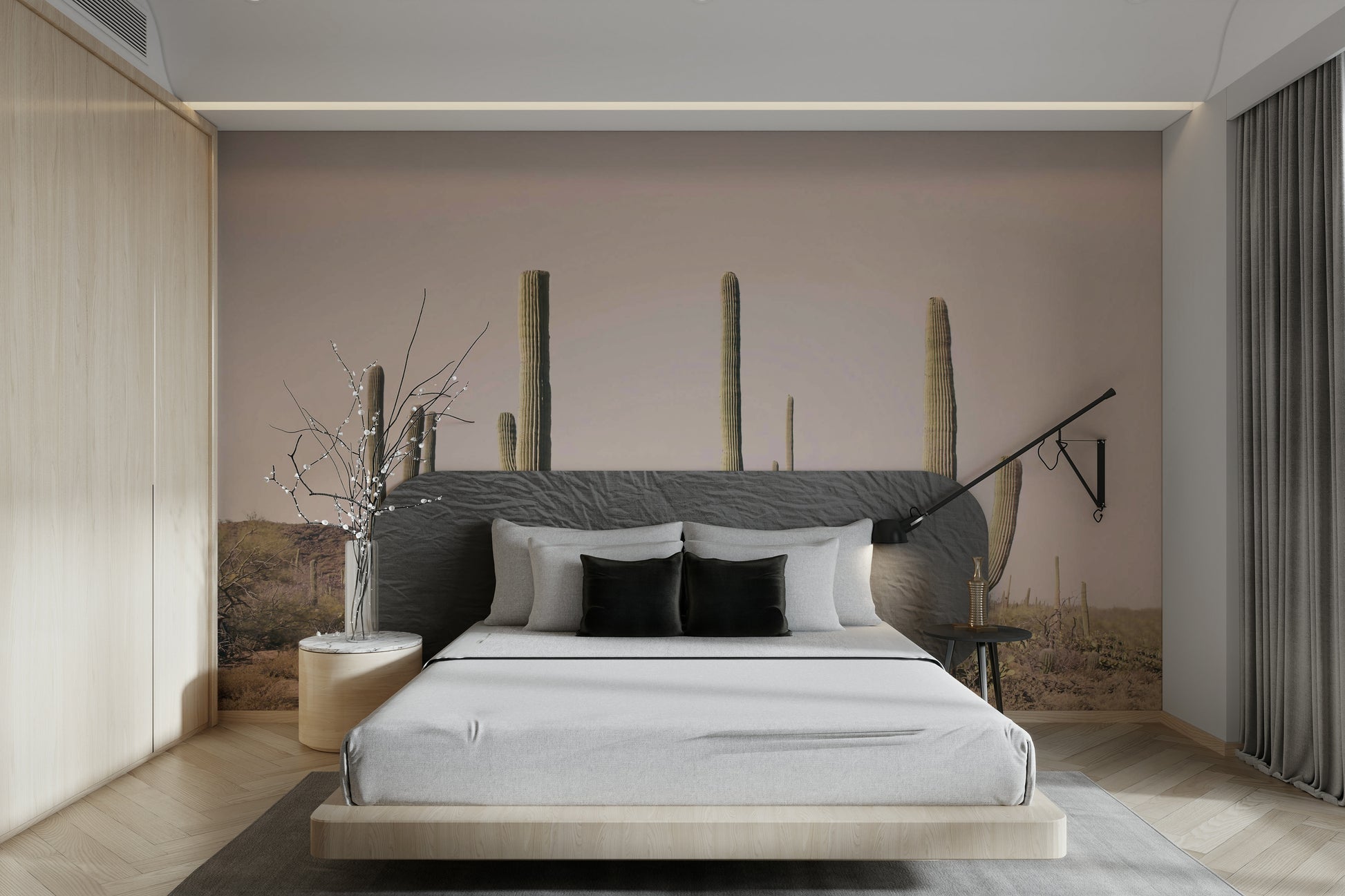 Subtle desert field mural with blush-colored cacti


