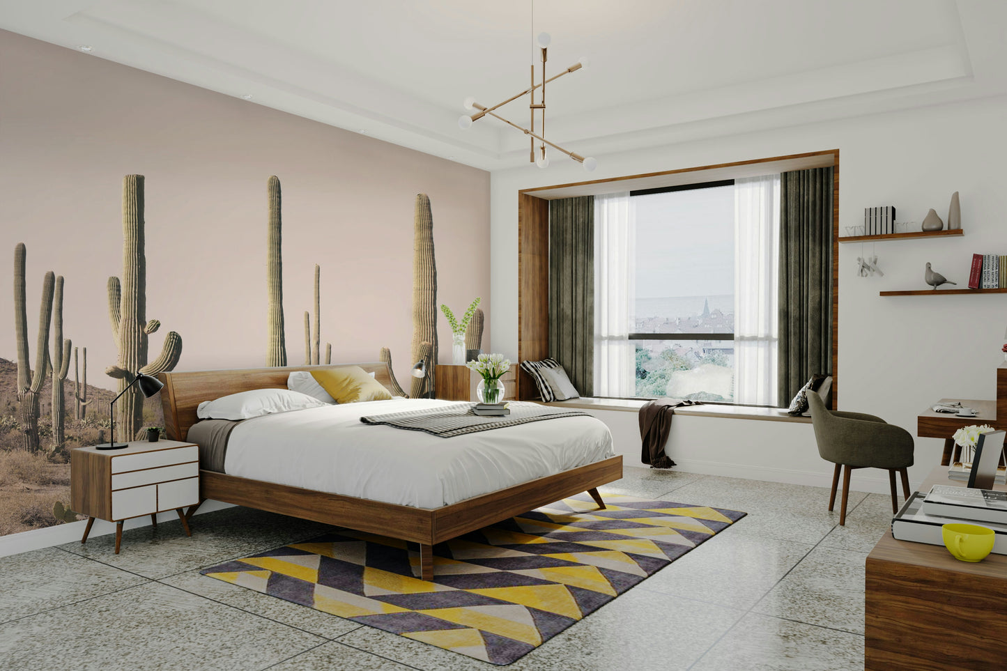 Nature-inspired wallpaper with pink cactus plants

