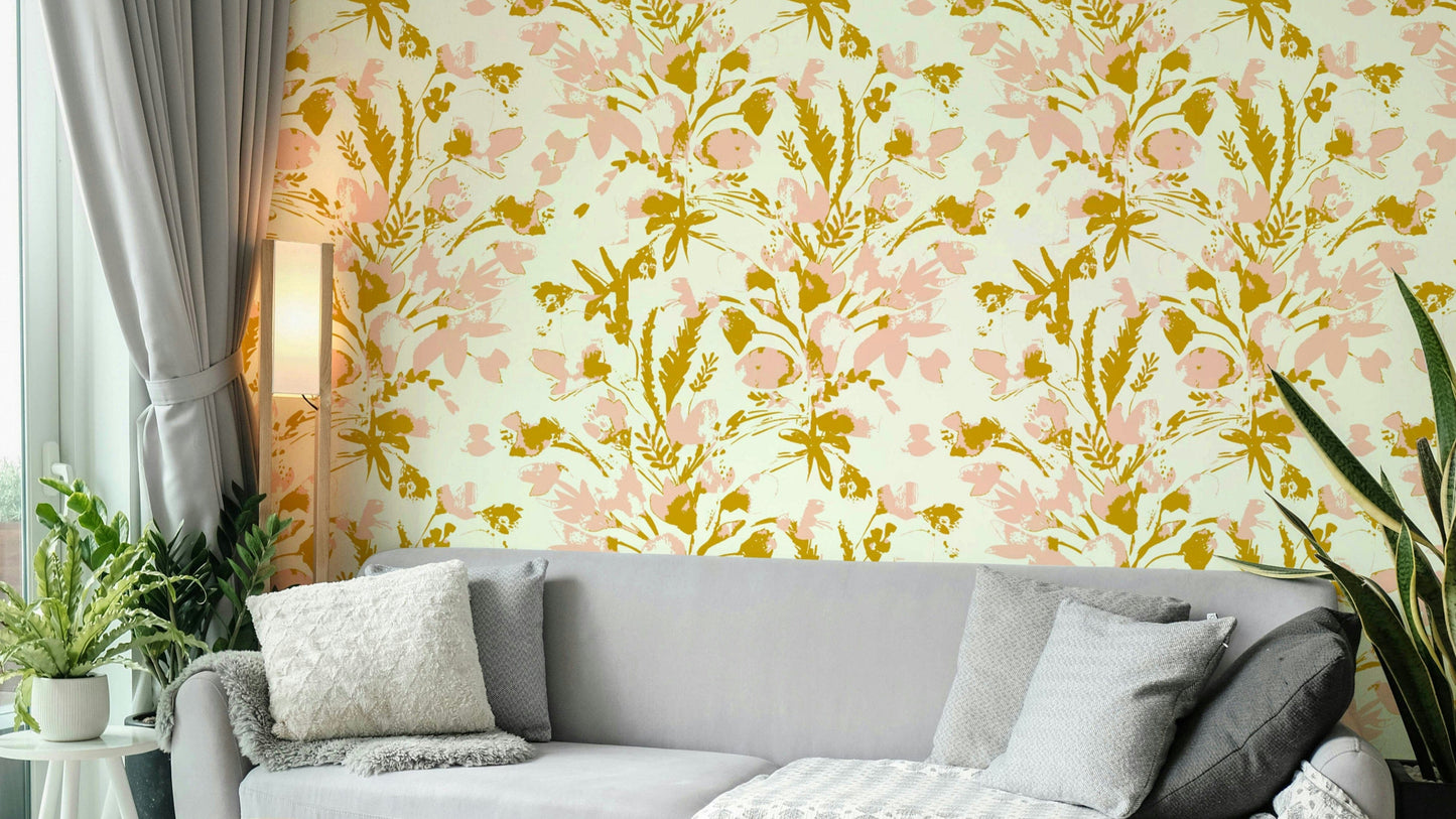 A full-wall mural showing a pattern of painted flowers.
