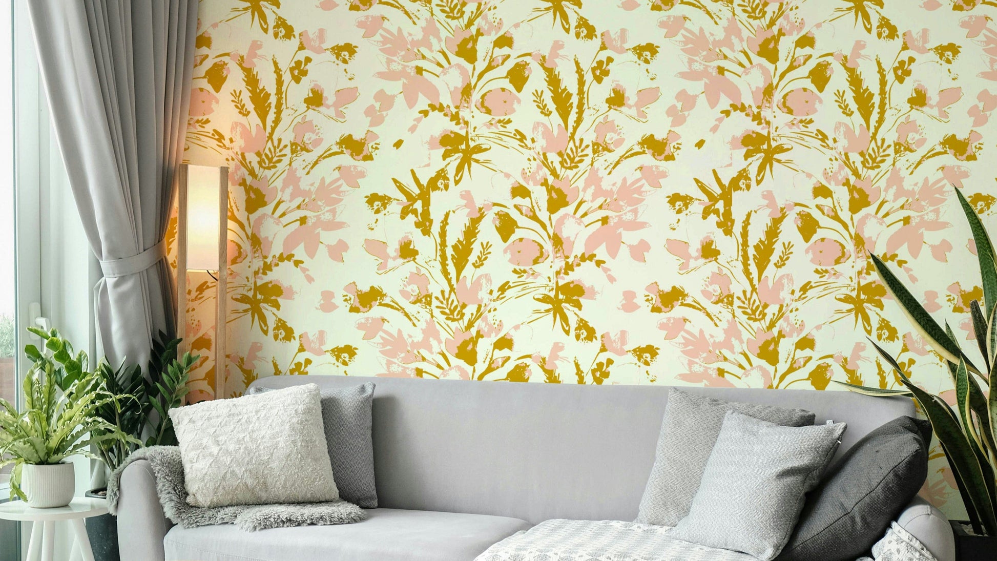 A full-wall mural showing a pattern of painted flowers.
