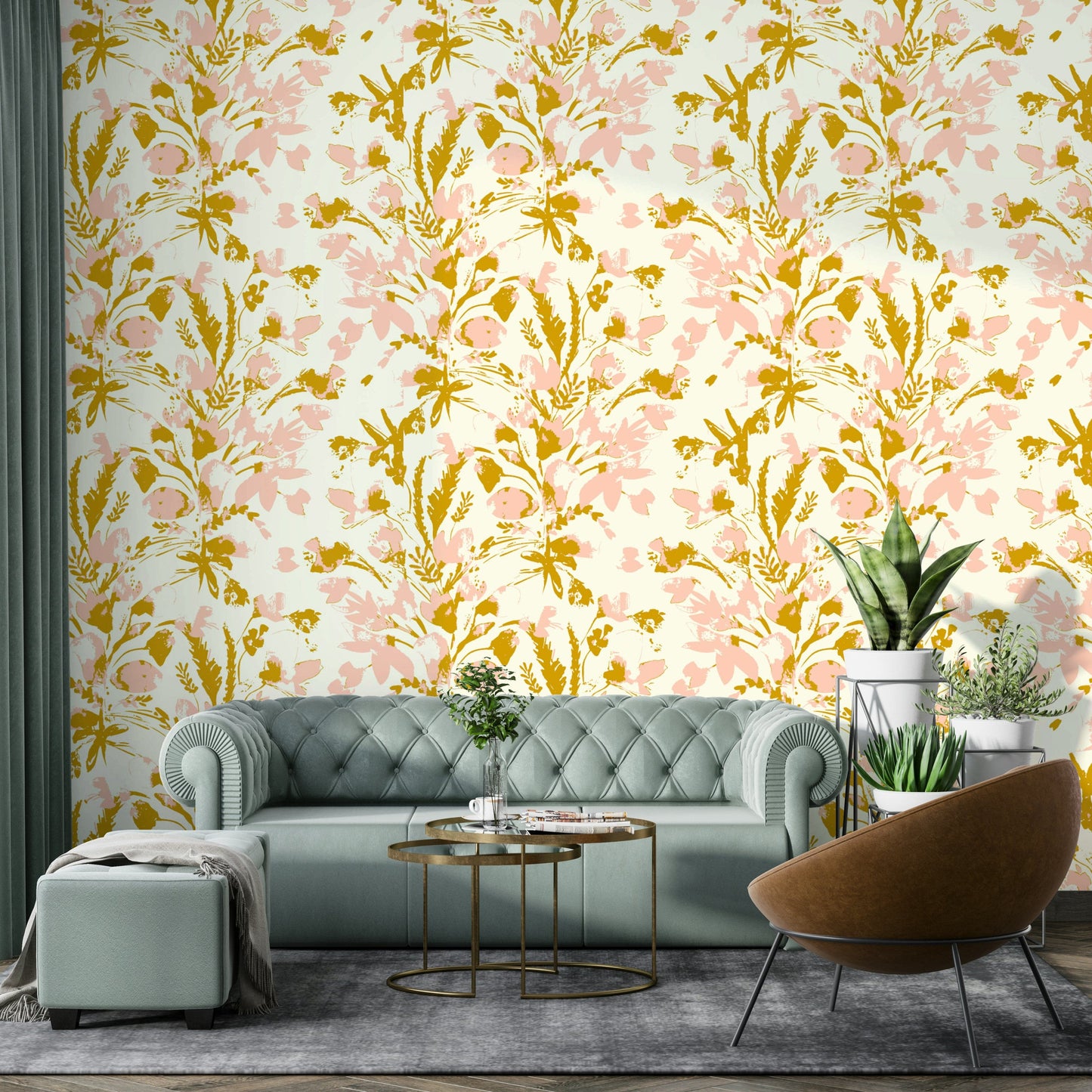 This wallpaper is suitable for a living room, a sunroom, or a creative space.
