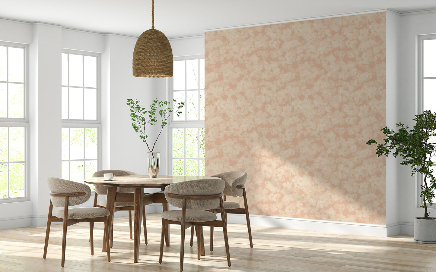Subtle blurred botanical motif on Blush Bloom Brushstrokes mural.