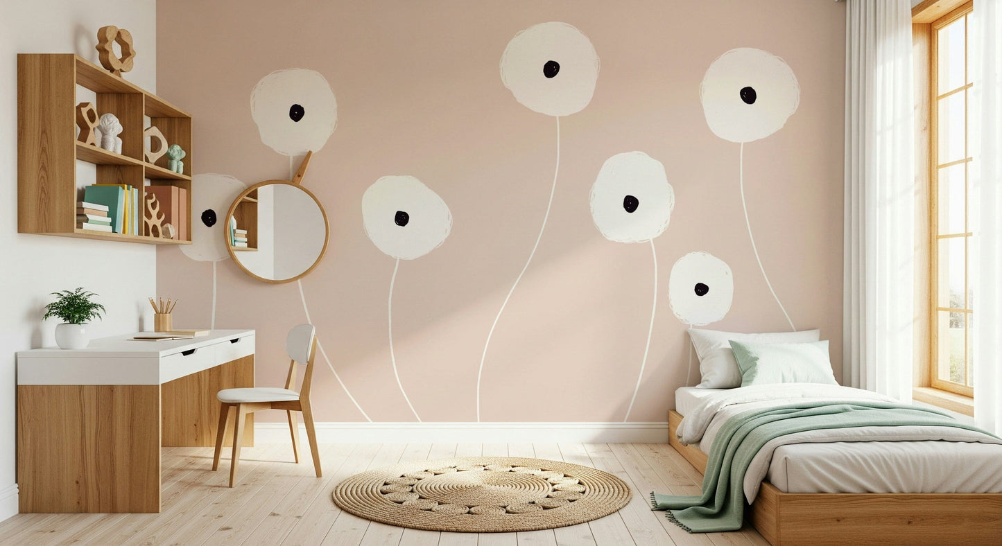 A beautiful modern art wall mural of delicate flowers.

