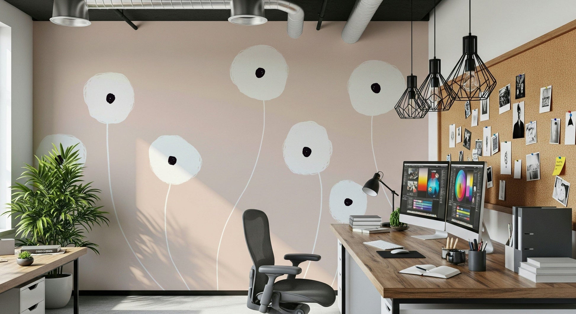 An artistic simple bloom mural on minimalist wallpaper.

