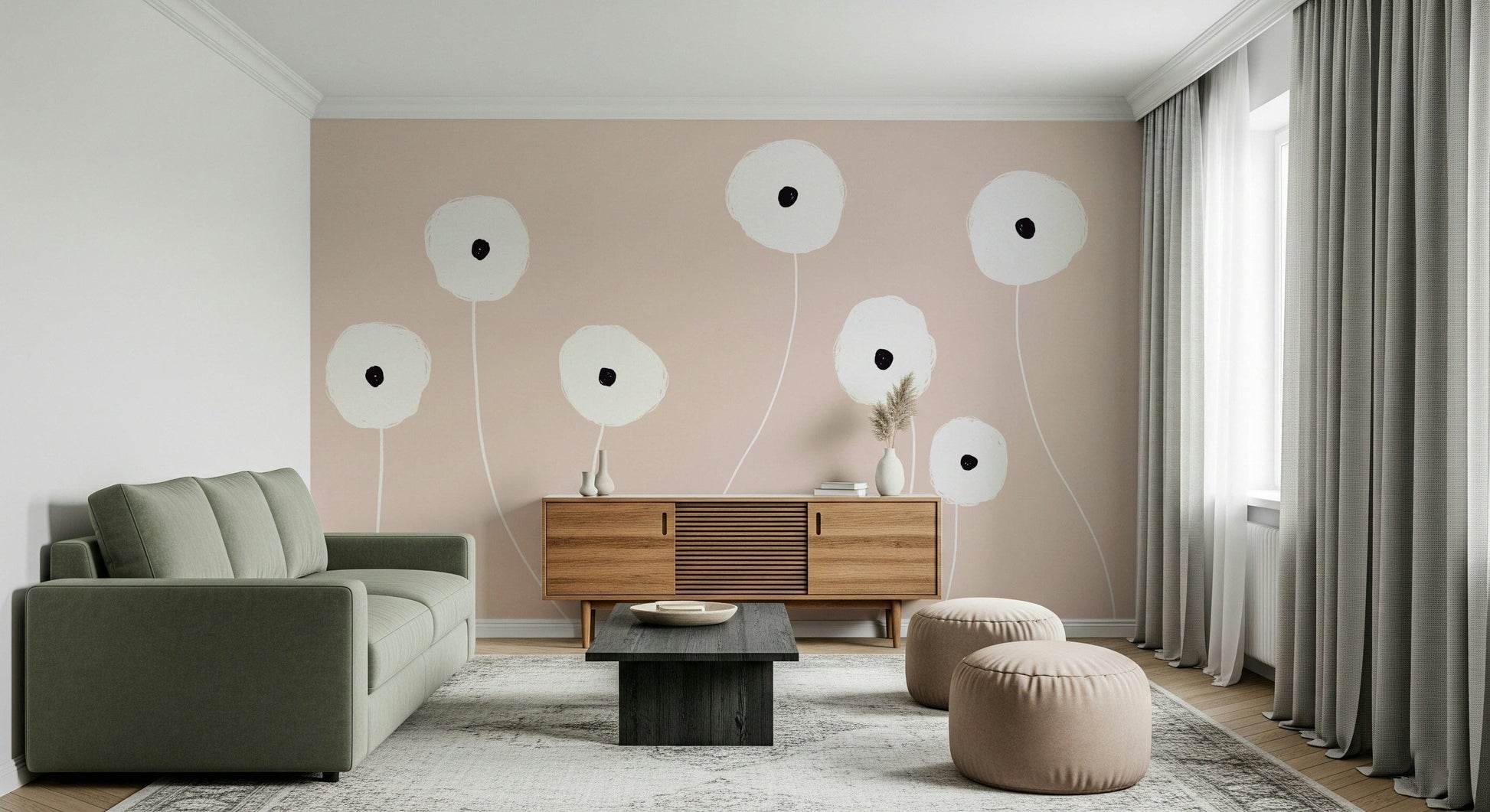 A beautiful blush floral wallpaper mural for a modern home.

