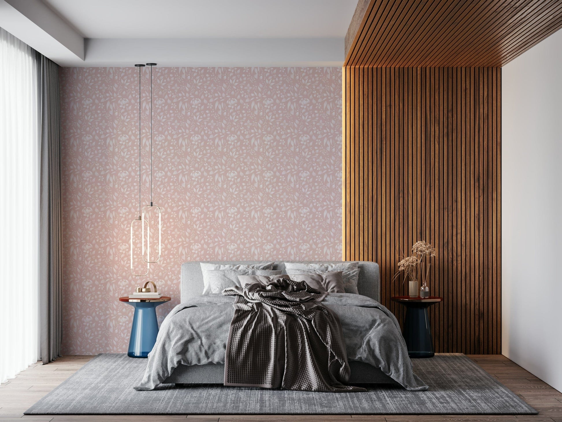 A soothing blush wallpaper with subtle blooming flowers repeated in a gentle spring-inspired design.