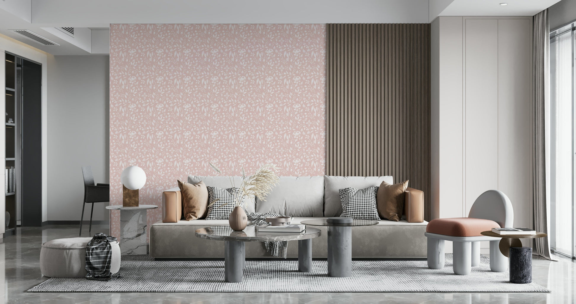 A blush pink floral wallpaper featuring delicate spring blooms arranged in a soft, calming pattern.