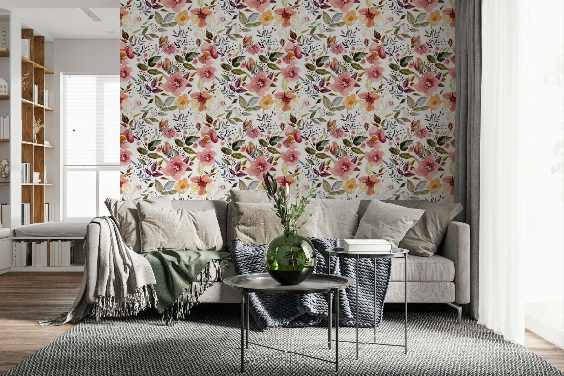 Artistic peel and stick wallpaper Blush Bloom Echo painting style.