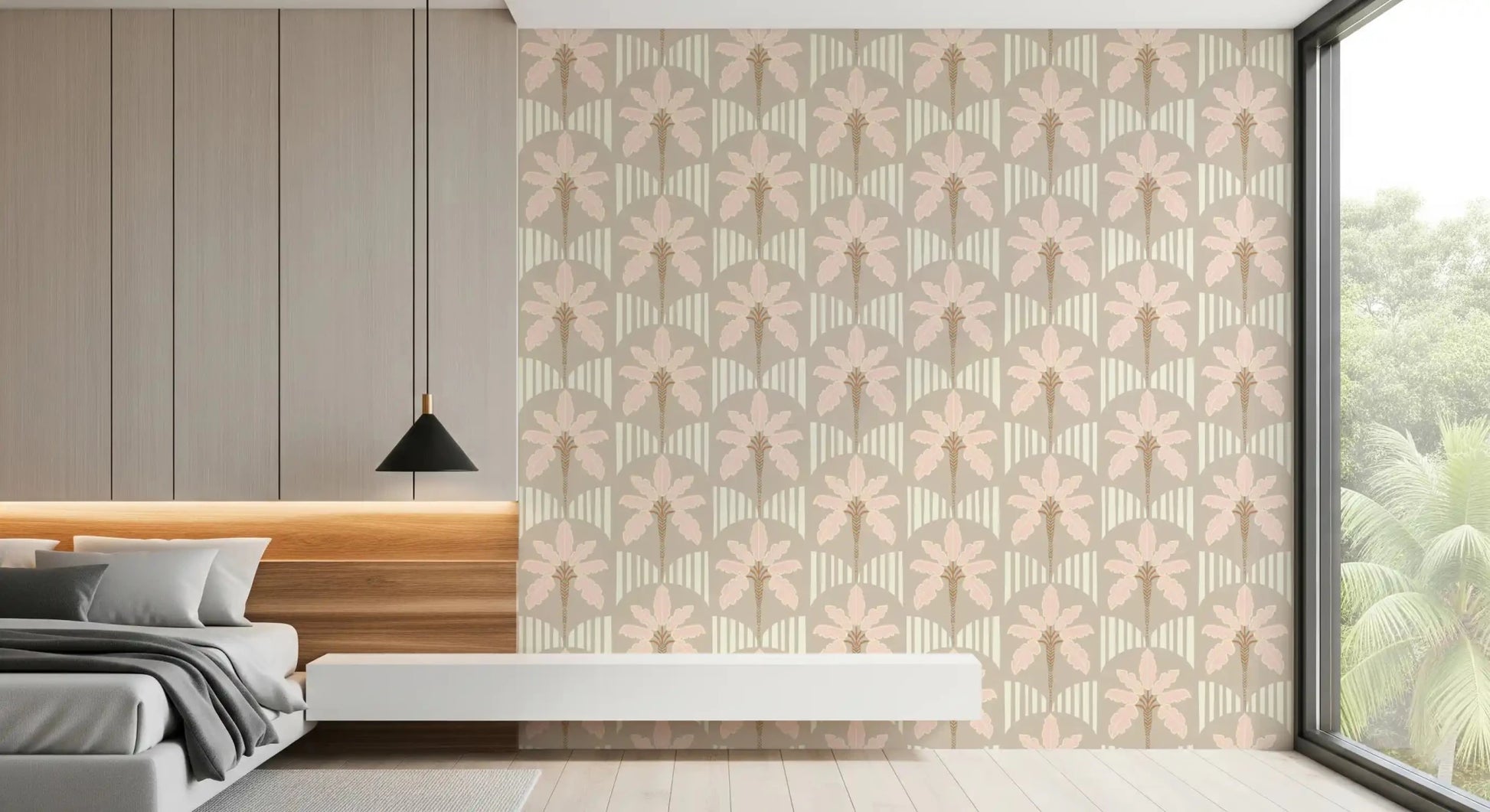 Bedroom with soft blush palm wallpaper and cream stripe details in muted taupe tones