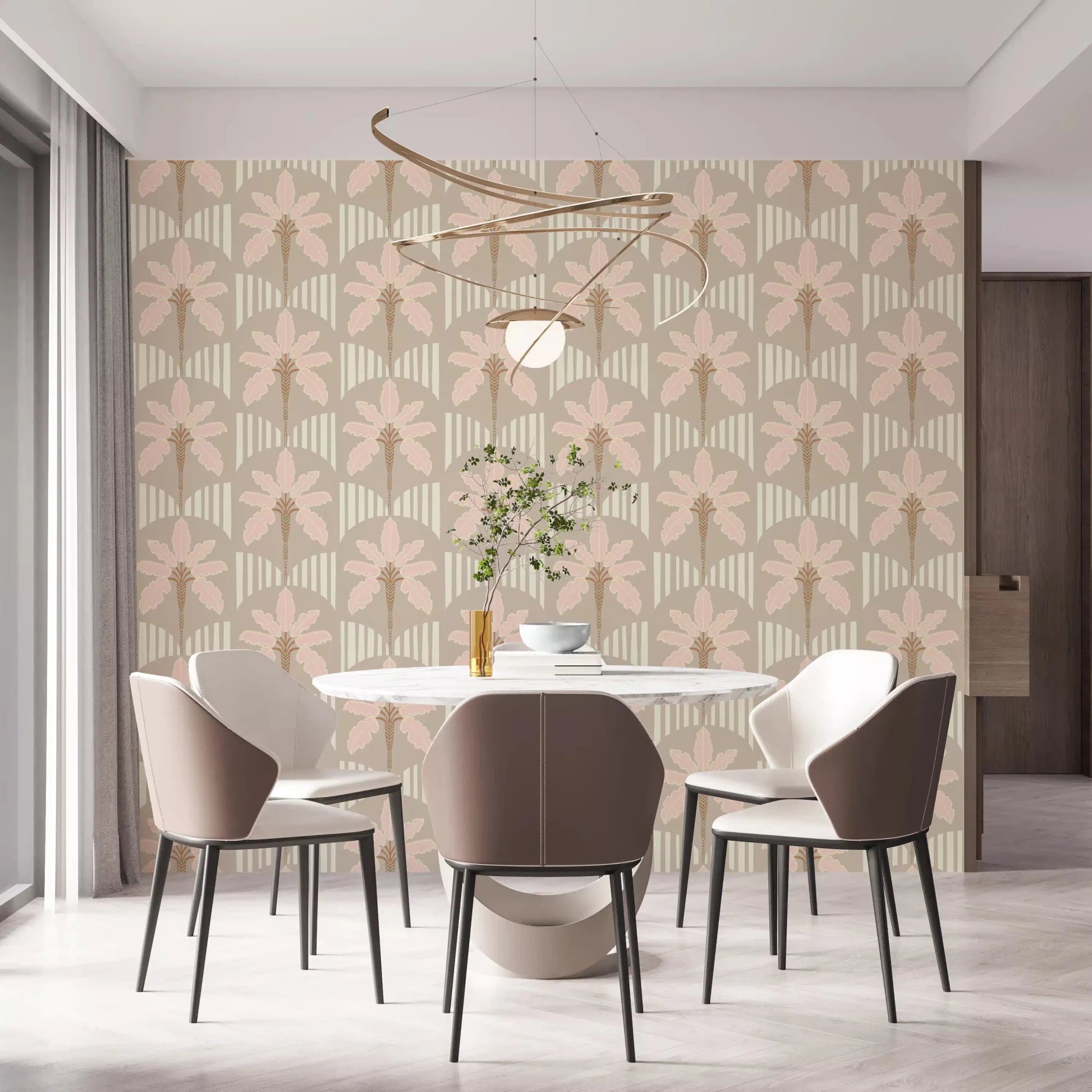 Dining room with blush fronds wallpaper and soft striped taupe detailing throughout