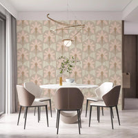 Dining room with blush fronds wallpaper and soft striped taupe detailing throughout