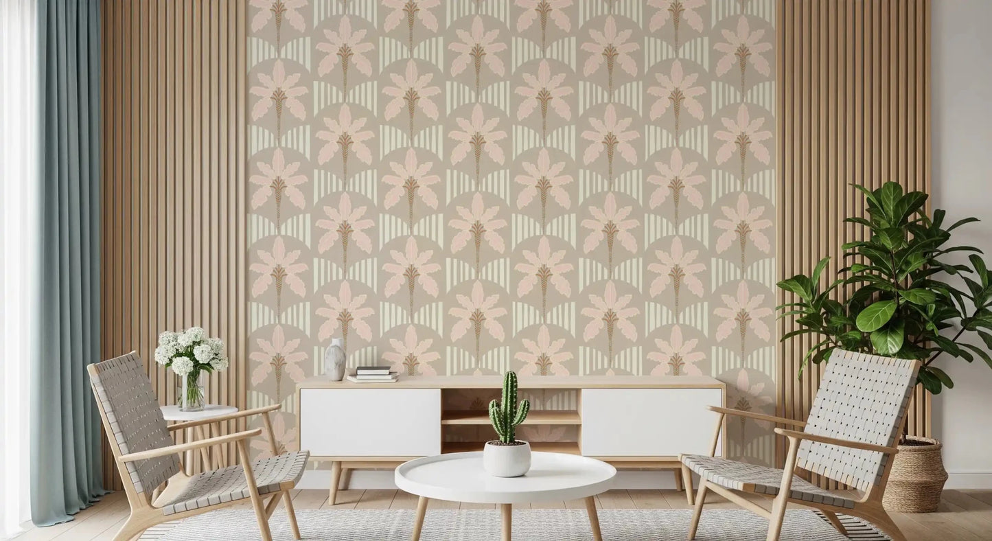 Hallway with blush frond and stripe wallpaper in soft beige and taupe neutral tones
