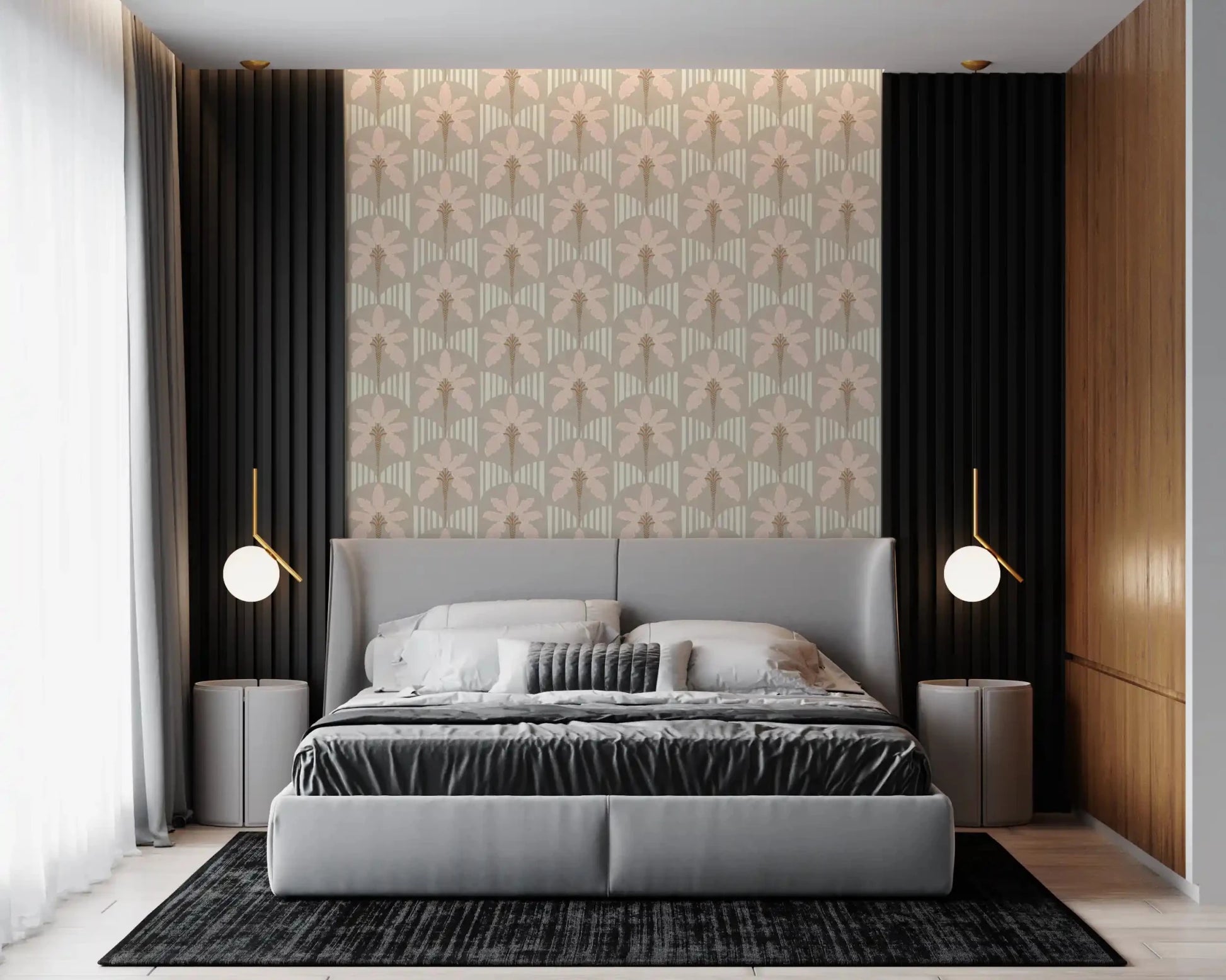 Bedroom  with cream stripe wallpaper and blush palm fronds in soft taupe shades