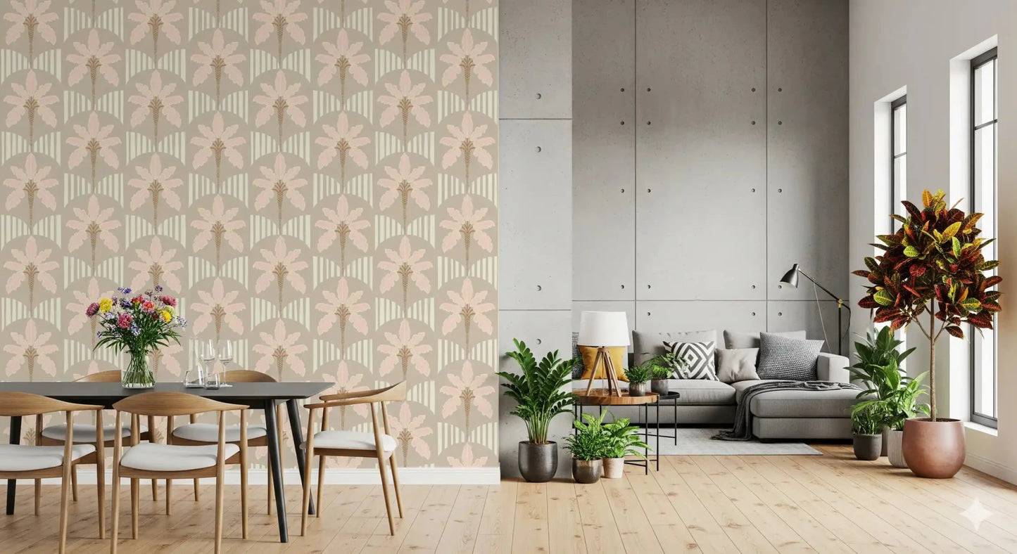 Dining room with blush fronds wallpaper and cream stripe arches in warm taupe hues