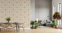 Dining room with blush fronds wallpaper and cream stripe arches in warm taupe hues