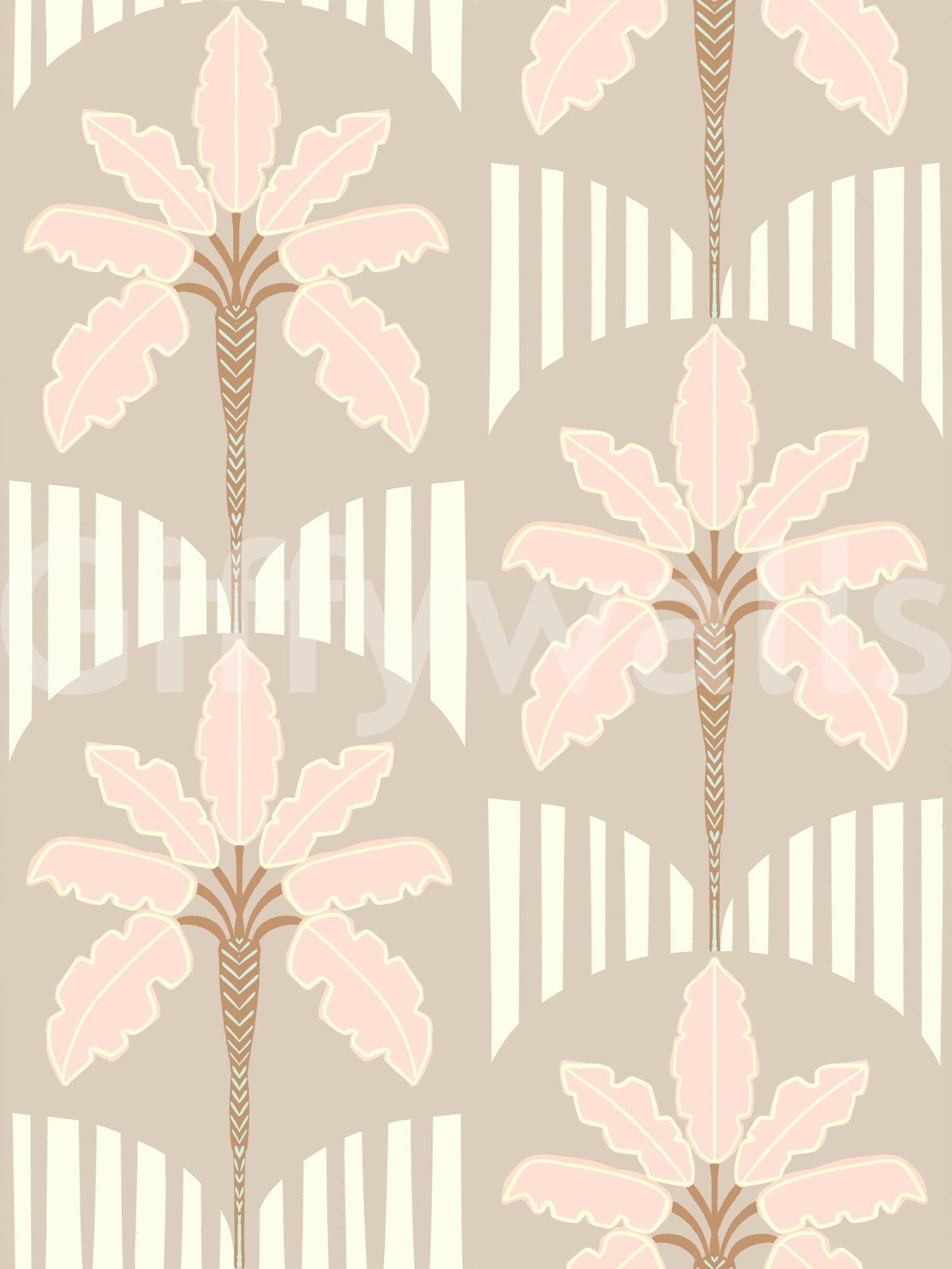 Blush fronds wallpaper with soft stripe arches on taupe