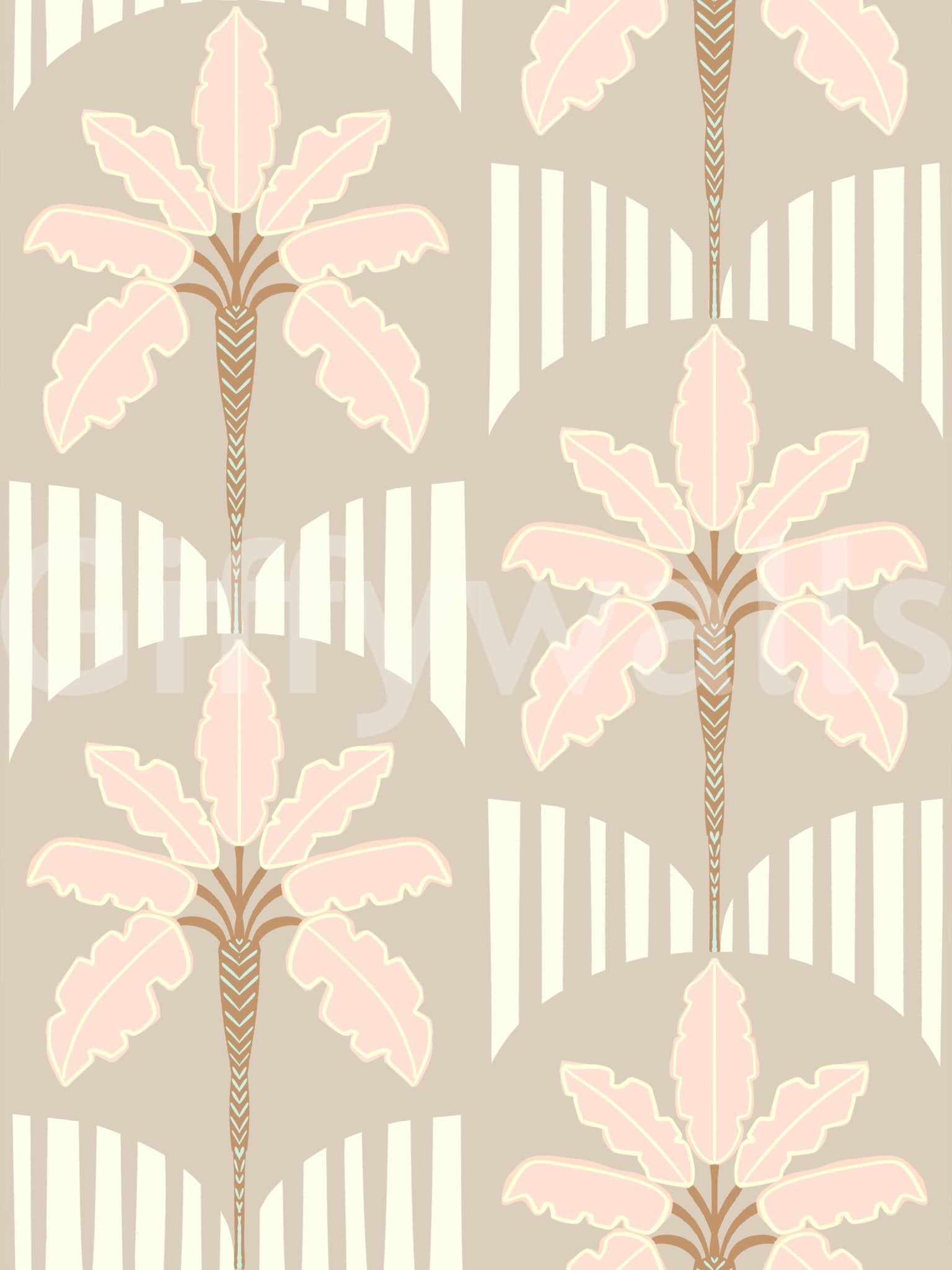 Blush fronds wallpaper with soft stripe arches on taupe