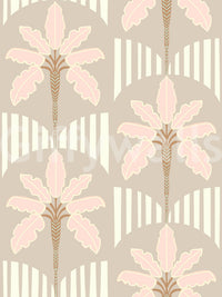 Blush fronds wallpaper with soft stripe arches on taupe