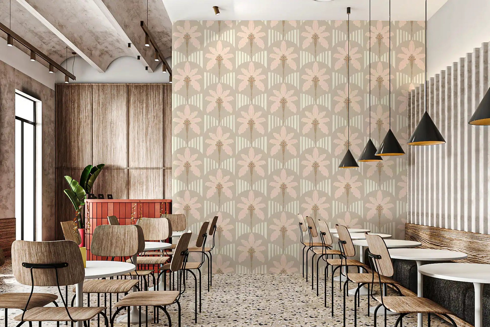 Restaurants with blush frond wallpaper and curved stripe design in warm taupe tones