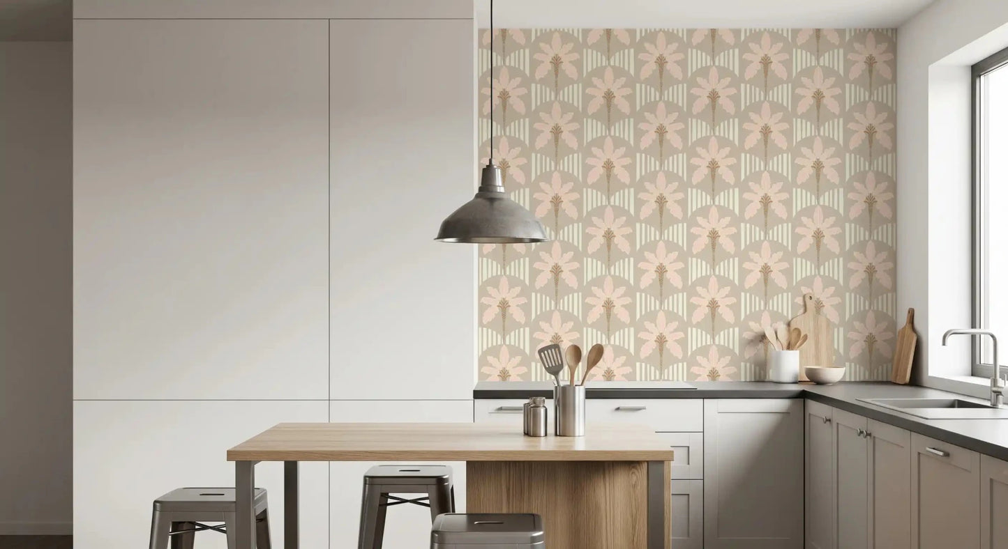 Dining room with blush fronds and striped wallpaper in warm beige and taupe color tones