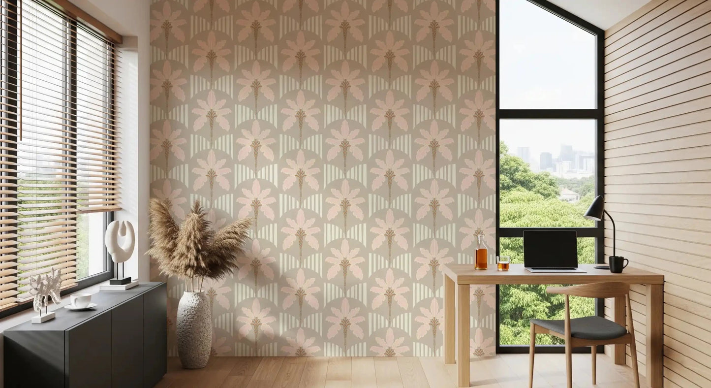 Ofiice and home with blush palm fronds wallpaper and soft cream stripe pattern in taupe