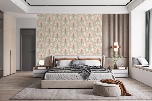Bedroom with blush palm frond wallpaper and curved cream stripes in warm taupe tones
