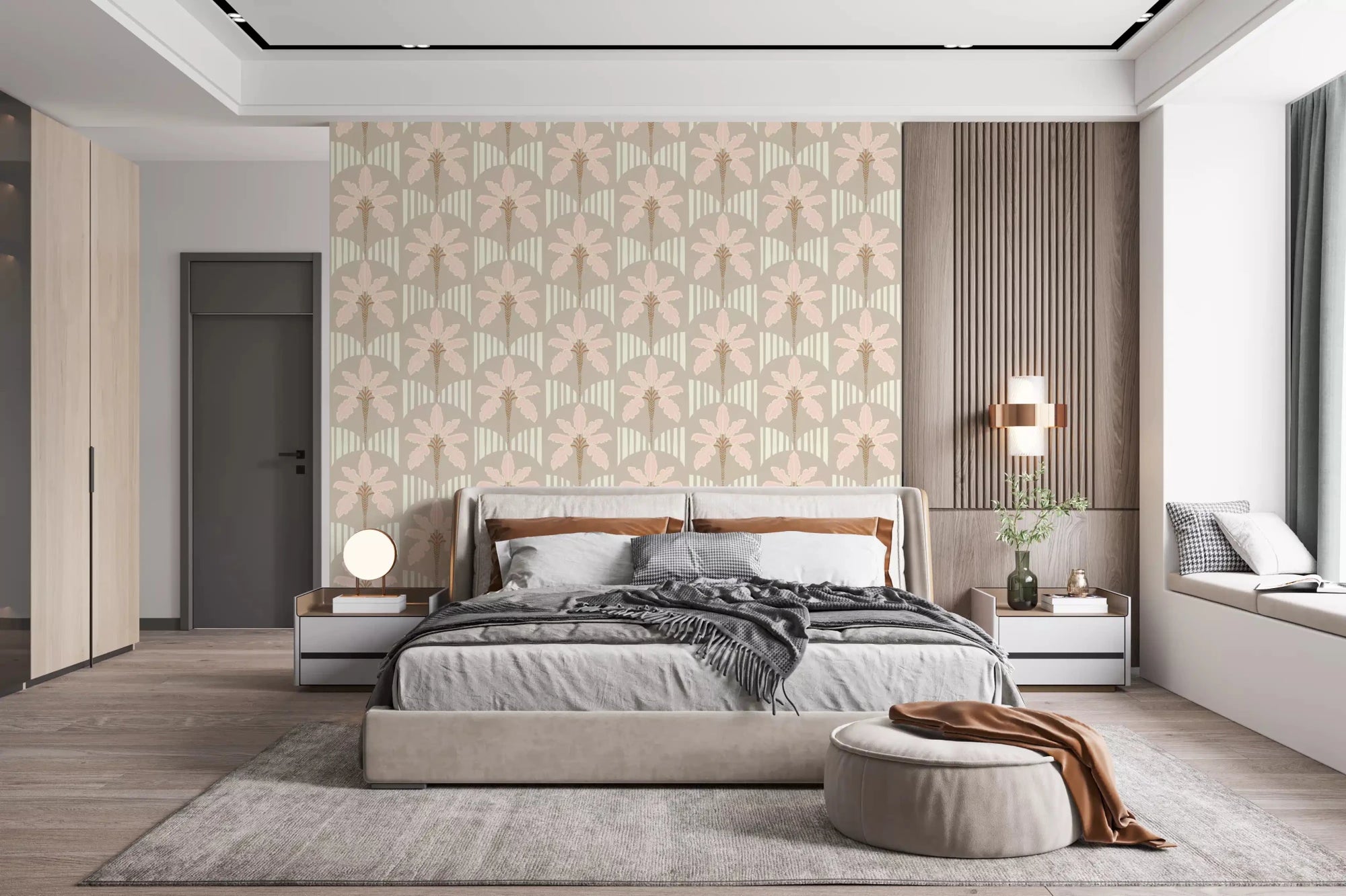 Bedroom with blush palm frond wallpaper and curved cream stripes in warm taupe tones