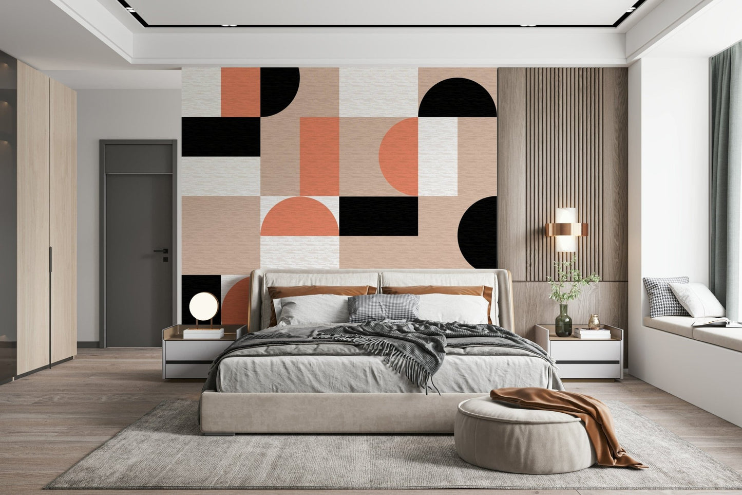 Blush Geometry wallpaper mural behind an upholstered bed with grey throw and a round globe table lamp
