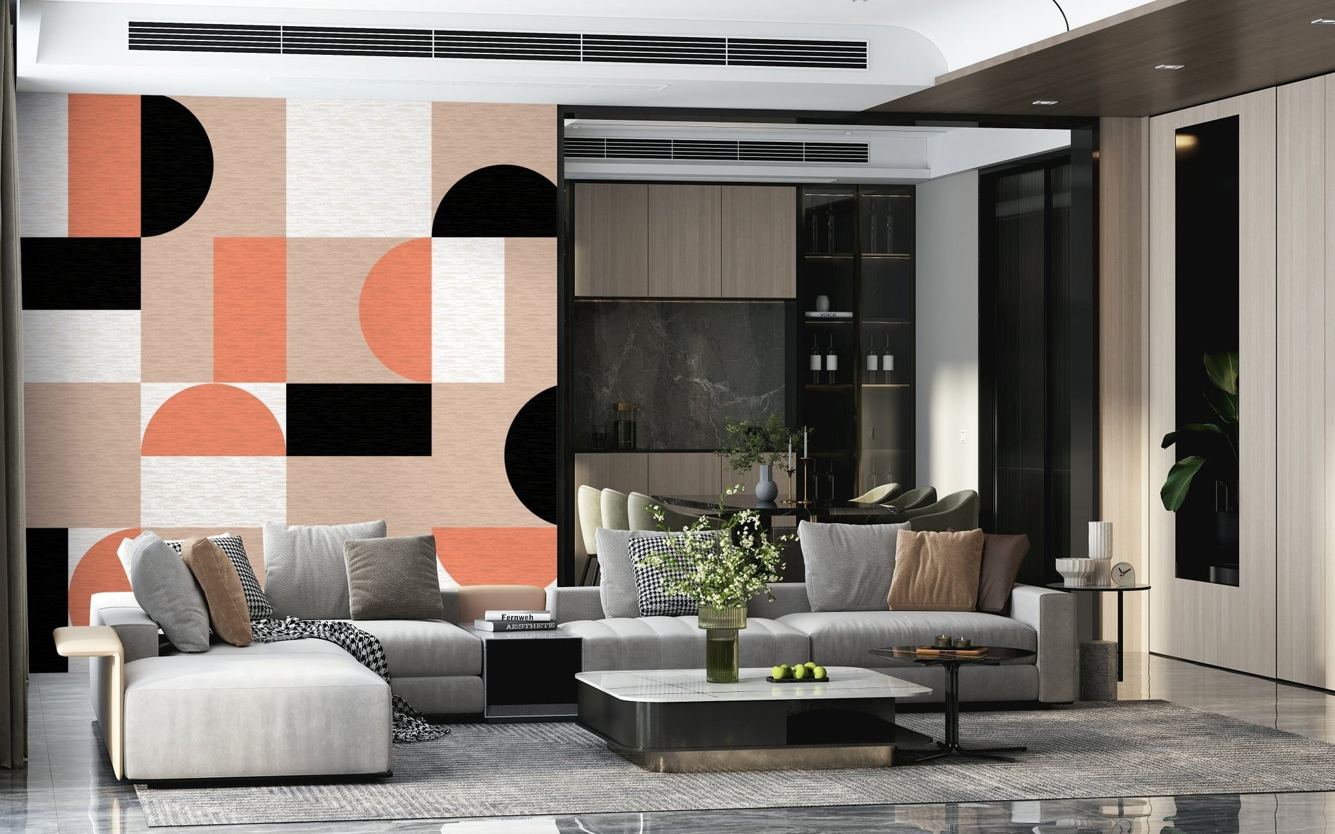 Blush Geometry wallpaper mural in a luxury living room with grey sectional sofa and marble coffee table