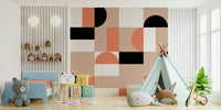 Blush Geometry wallpaper mural in a kids room with blue toddler bed, mint teepee and alphabet blocks