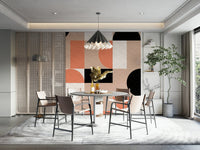 Blush Geometry wallpaper mural behind a round terrazzo dining table with a pleated scalloped pendant light