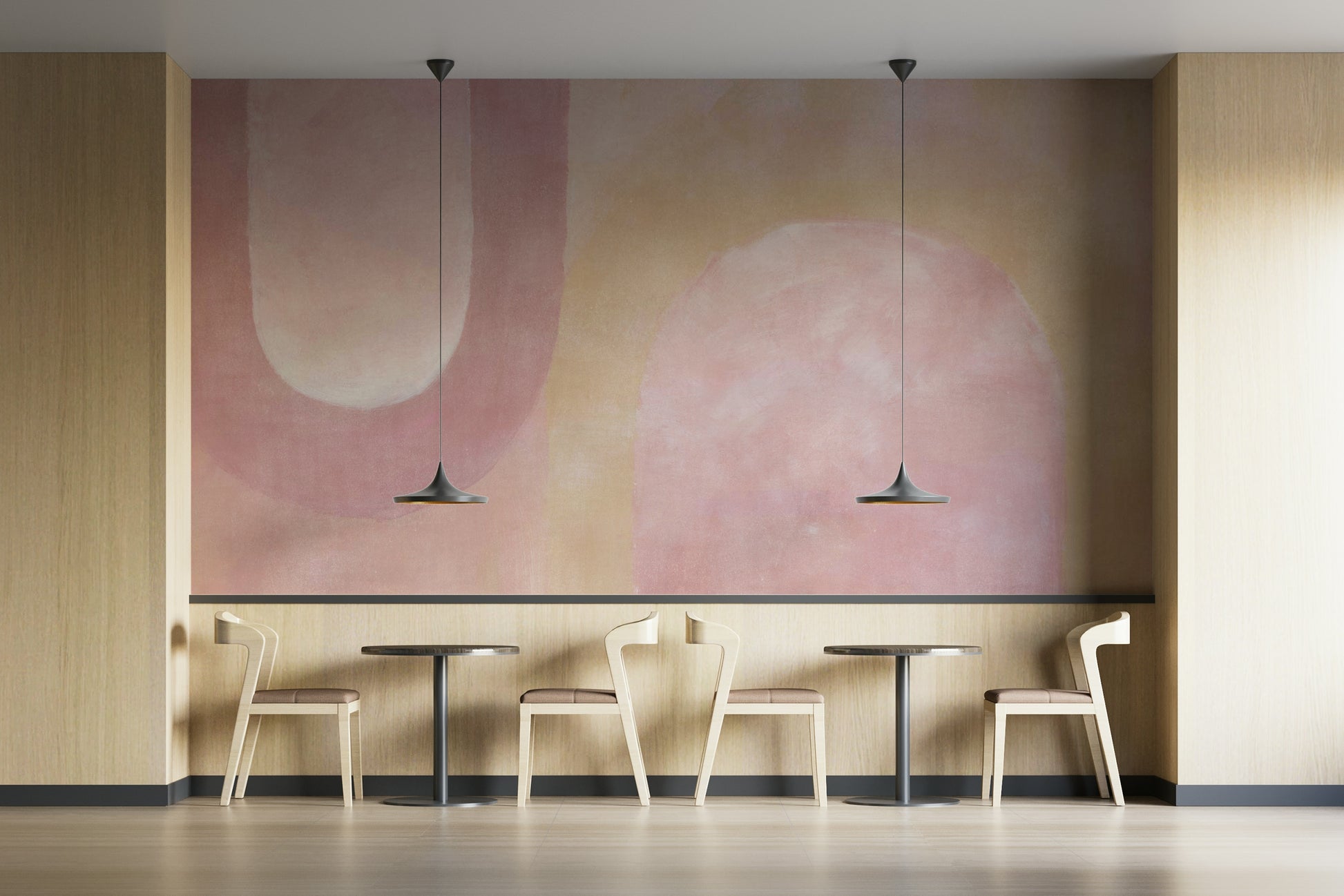 Feminine aesthetic room with abstract wallpaper

