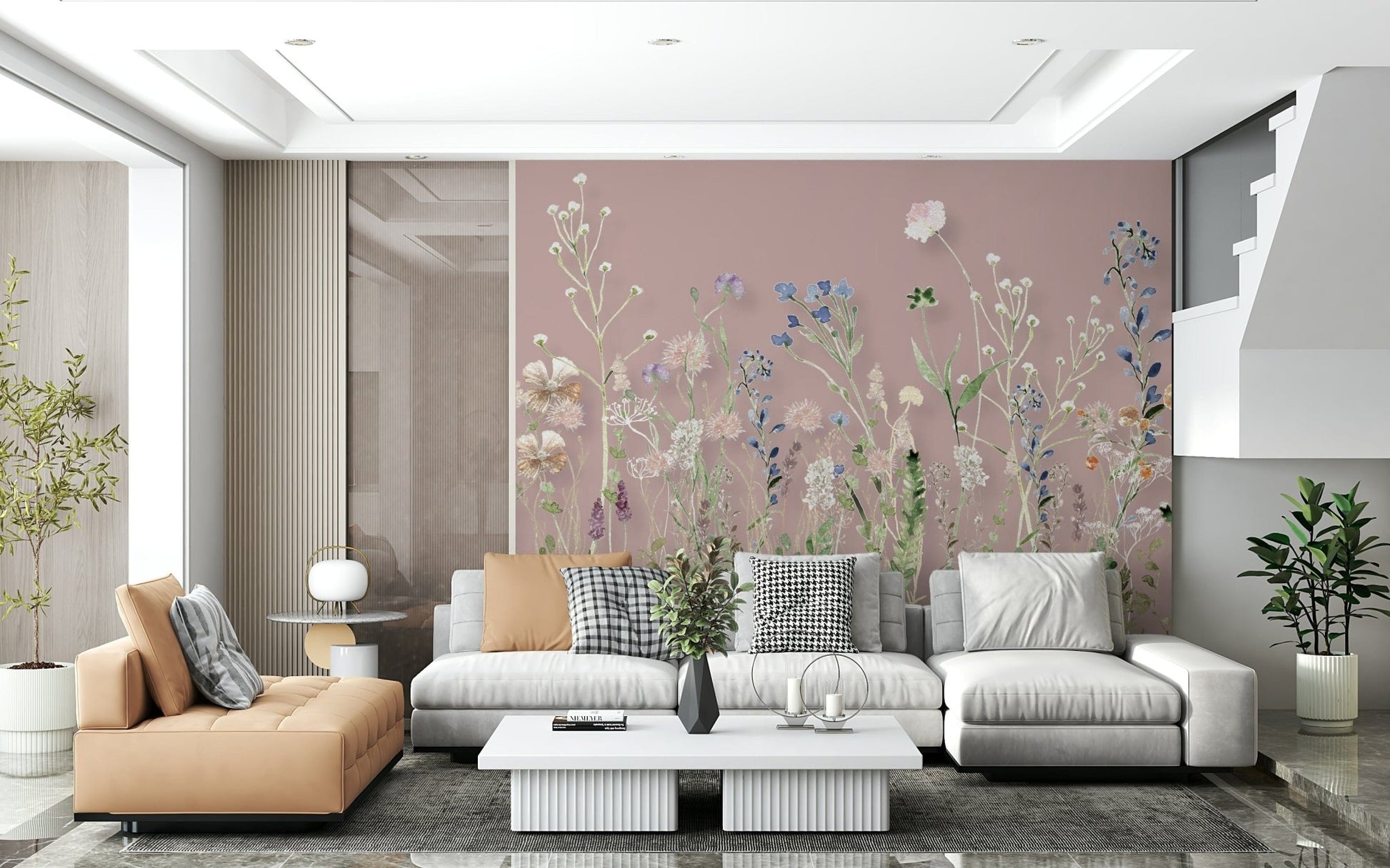 A botanical wallpaper showcasing colorful meadow flowers against a warm blush background.