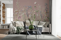A blush-toned wallpaper with watercolor wildflowers creating a serene meadow aesthetic.